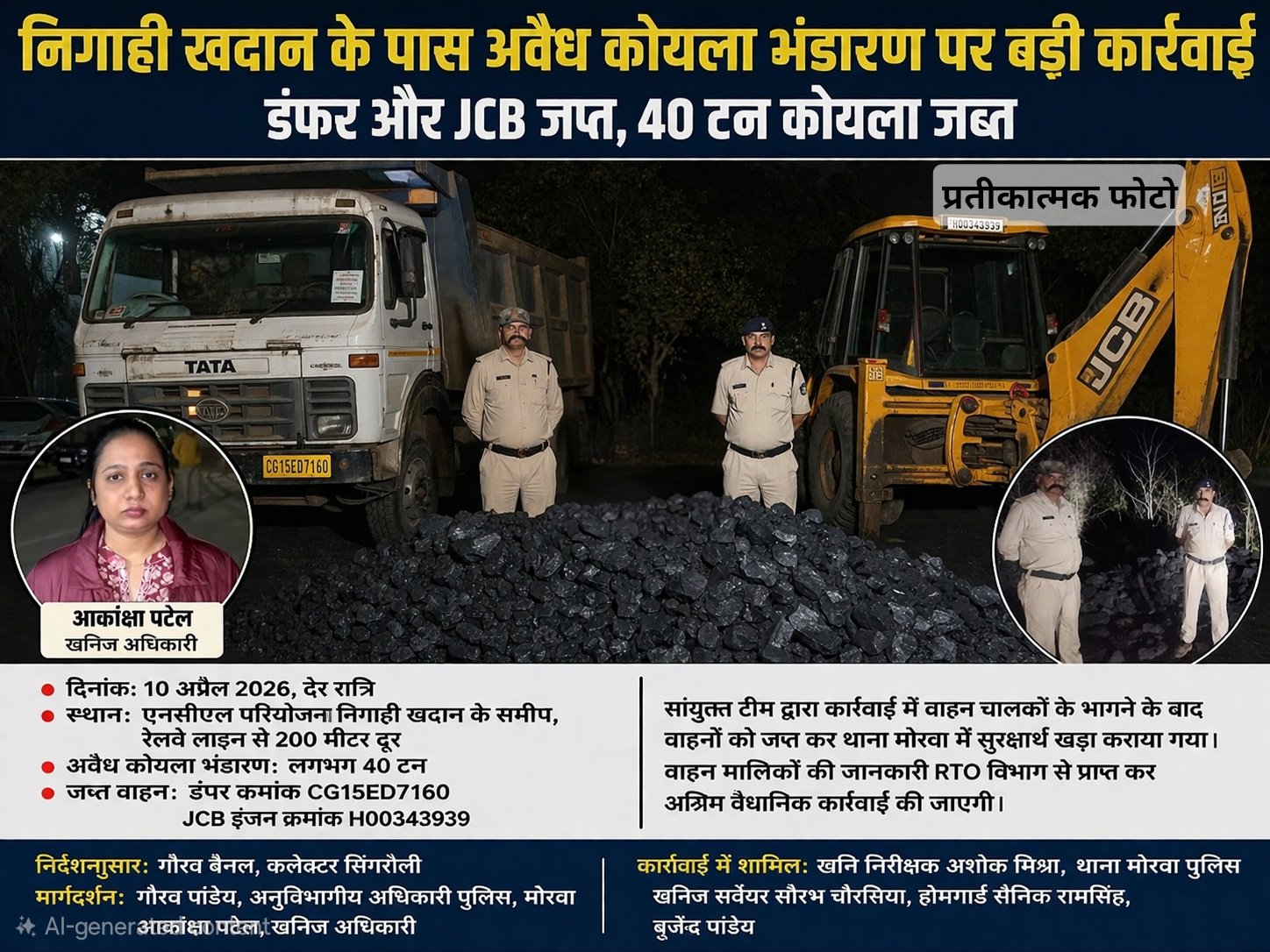 निगाही खदान के पास खनिज विभाग और पुलिस की संयुक्त कार्रवाई: डंपर, जेसीबी सहित 40 टन अवैध कोयला जप्त