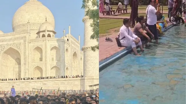 ताजमहल में फिर टूटे नियम, वाटर चैनल में पहुंचे पर्यटक; पानी में पैर डालकर बैठे