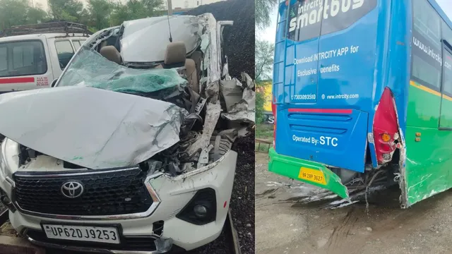 यमुना एक्सप्रेसवे पर हादसा: श्रद्धालुओं से भरी कार बस से टकराई, नौ घायल