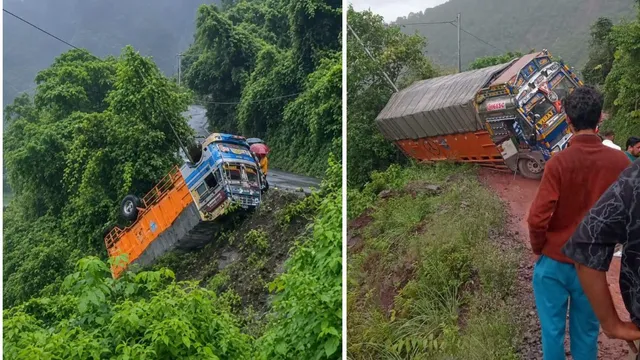 हिमाचल में आफत की बारिश: भूस्खलन के कारण क्षतिग्रस्त सड़क से खाई में लुढ़का सामान से लदा ट्रक