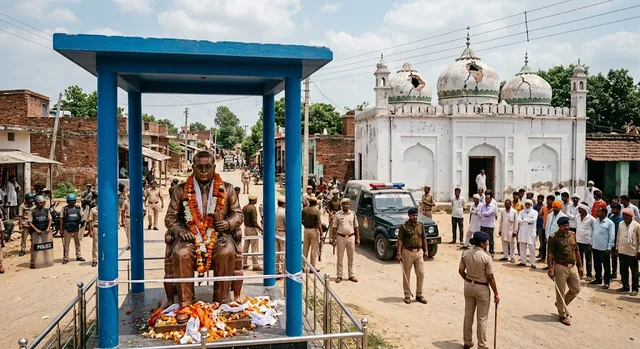 महराजनगर में सांप्रदायिक सौहार्द बिगाड़ने की साजिश, अंबेडकर प्रतिमा और ईदगाह के गुंबद क्षतिग्रस्त, भारी पुलिस बल तैनात